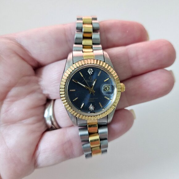 Elgin Women's Quartz Watch, Blue Face with Fluted Bezel, Two-Tone - Picture 2 of 9